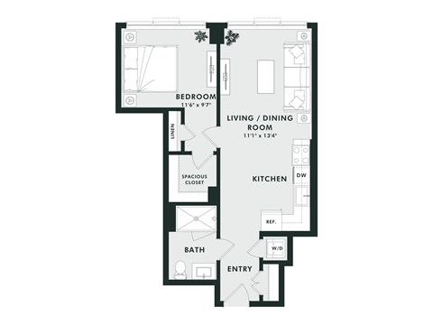 A floor plan of a house with a bedroom, living/dining room, kitchen, bathroom, and entry.